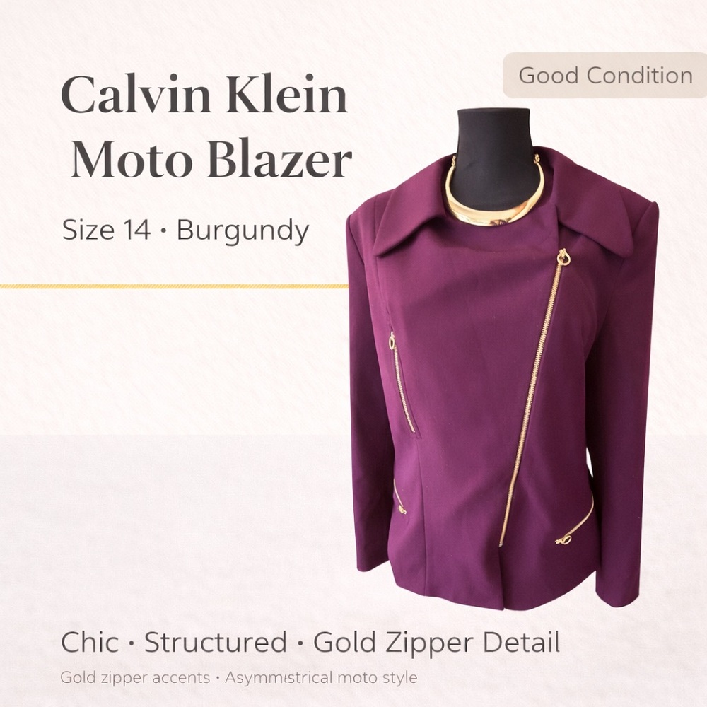 Calvin Klein Burgundy Moto Blazer Jacket Size 14 Gold Zippers